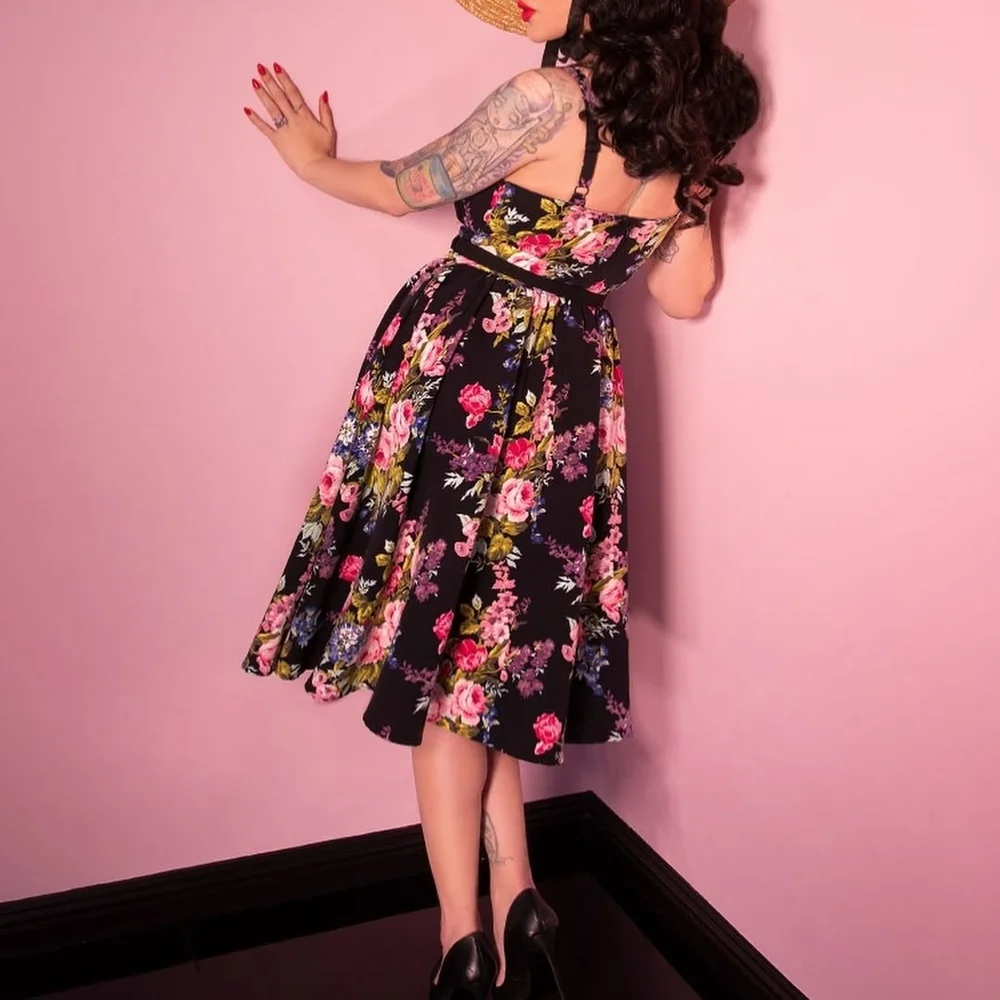 Vixen by Micheline Pitt Black Floral Midi Dress with Pink & Green Bouquet - Picture 2 of 3